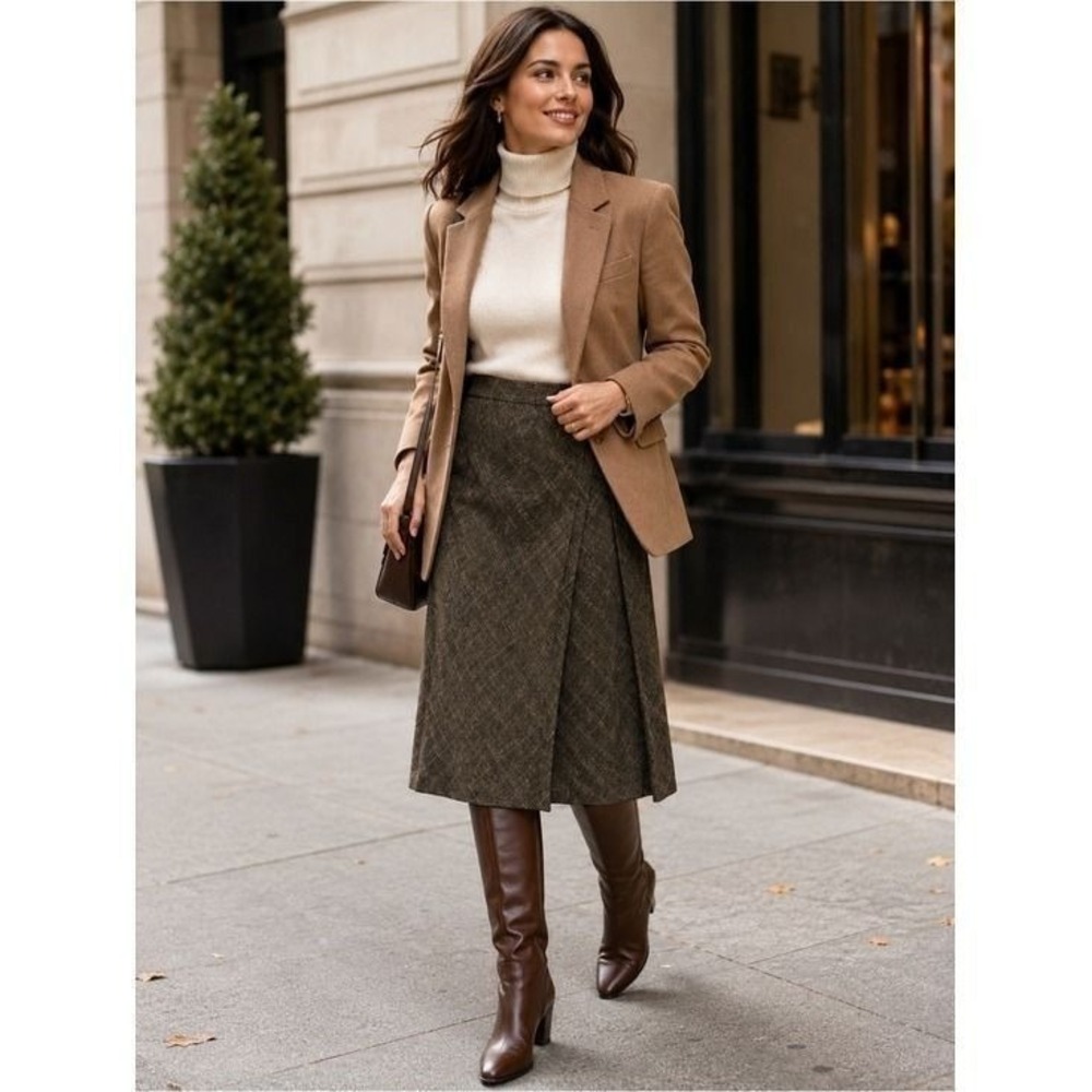 Womens Brown Plaid A-Line Midi Skirt Side Pleat Textured Woven Skirt